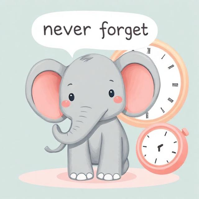 Elephant with a bubble caption that reads 'never forget' and a time piece in the background