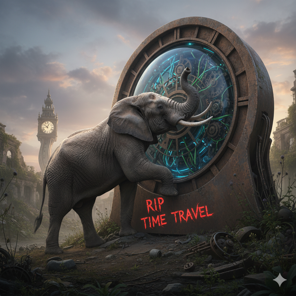 Elephant walking up a Time Machine door that reads 'RIP Time Travel'